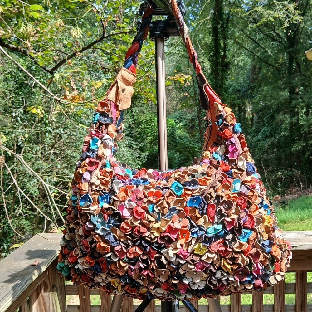 Vintage 3D Leather Flowers Hobo Bag * Super Roomy ~ Autumn Color Pop!